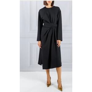 Mantu Long Sleeve Fold over Front Midi Dress in Black PinStriped IT 44 US 8